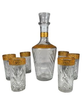 Crystal Decanter and Tumbler Set with Gold Band